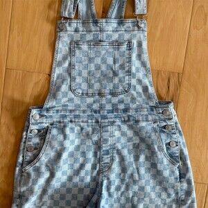 NOBO Shortalls Womens Size M Blue White Check Denim Overall Shorts